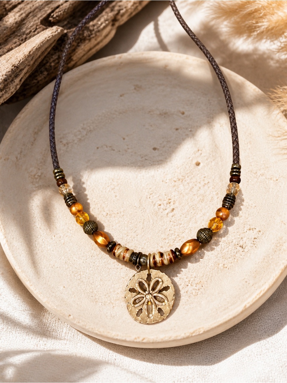 Vintage 80s Boho Sand Dollar Pendant Necklace | Beaded Choker Coastal Beach